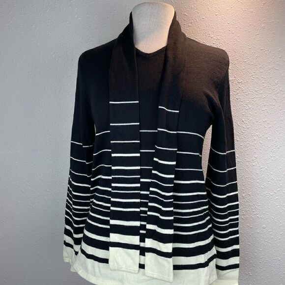 NWT Leslie Fay Womens Black and White Sweater with Attached Tie Scarf Size S - Picture 4 of 8